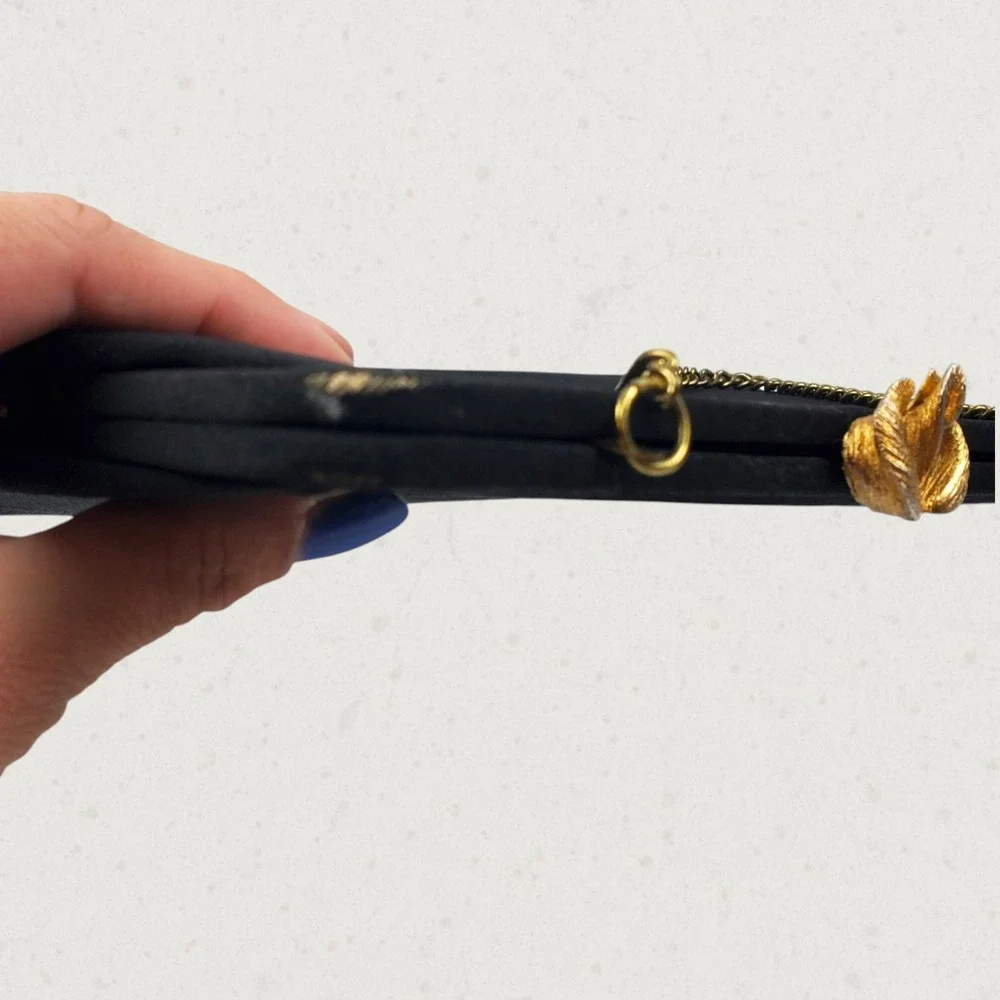 Vintage Black Satin Evening Clutch Bag Gold Floral Clasp Chain Strap Mid Century